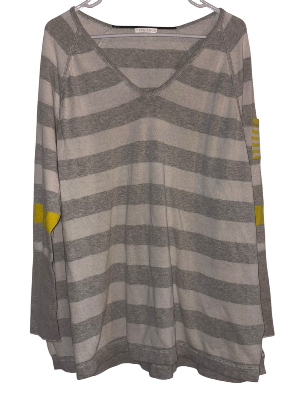 Lisa Todd Sweater Grey Ivory Striped V Neck Neon Yellow Accent women’s size 2X